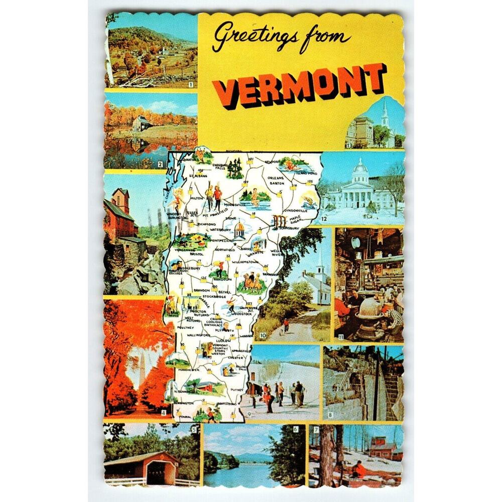 Greetings From Vermont Map Postcard Green Mt State Postcard Chrome Dexter 1979